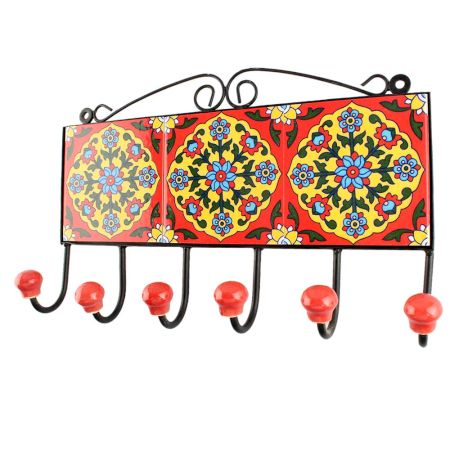 Ceramic Floral Tile Hook in Red 